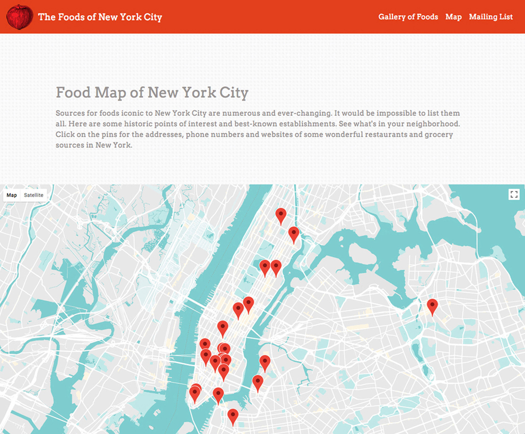 custom-colored google map with pins of NYC food establishments